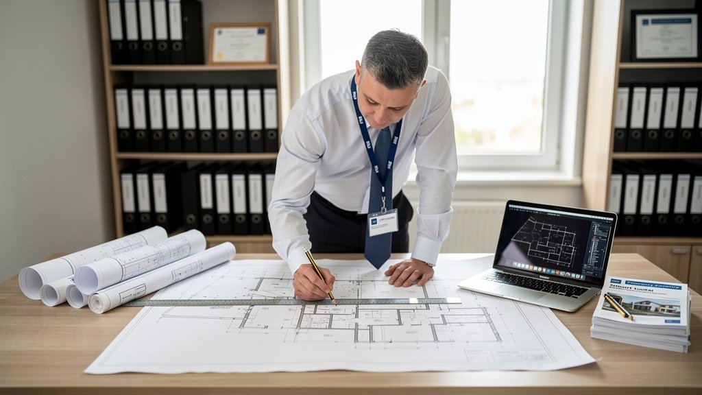 Surveyor examining structural drawings and property plans