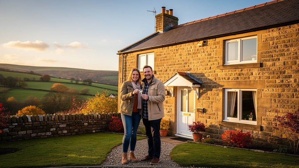 Happy couple celebrating their property purchase in West Yorkshire