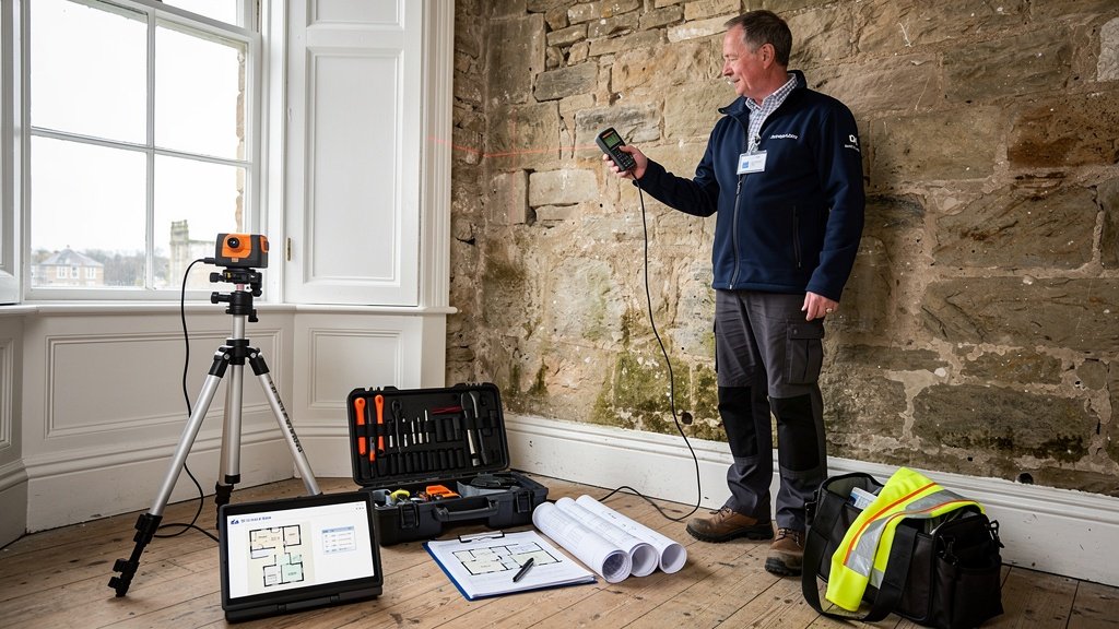 Surveyor conducting a detailed Level 3 building survey inspection